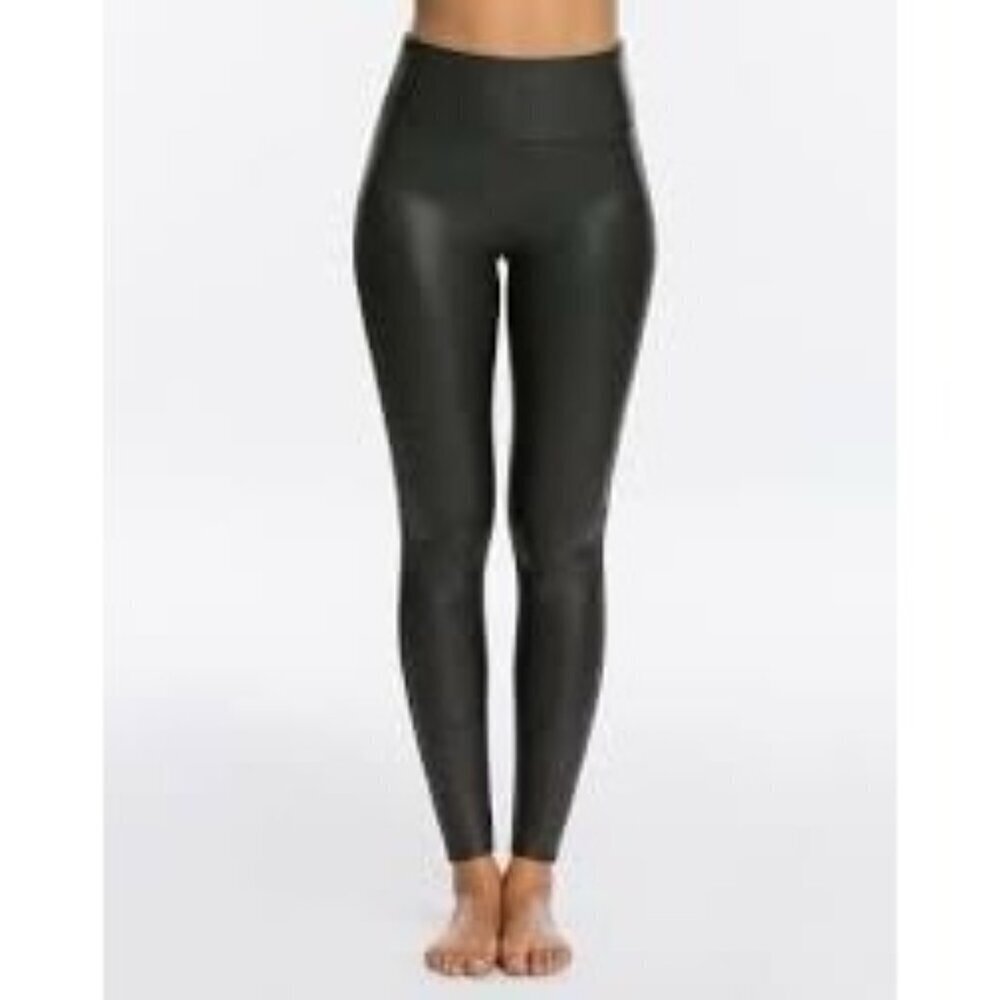 Spanx Womens Faux Leather Leggings Large Black Shimmer Stretch Modern Neutral